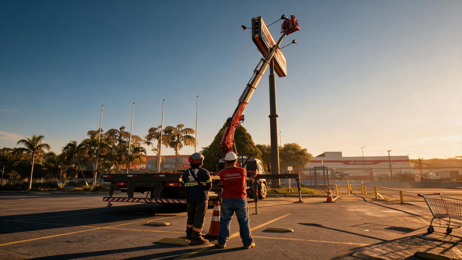 Equipe da Pesadão Munck operando o cesto aéreo em instalação de totem