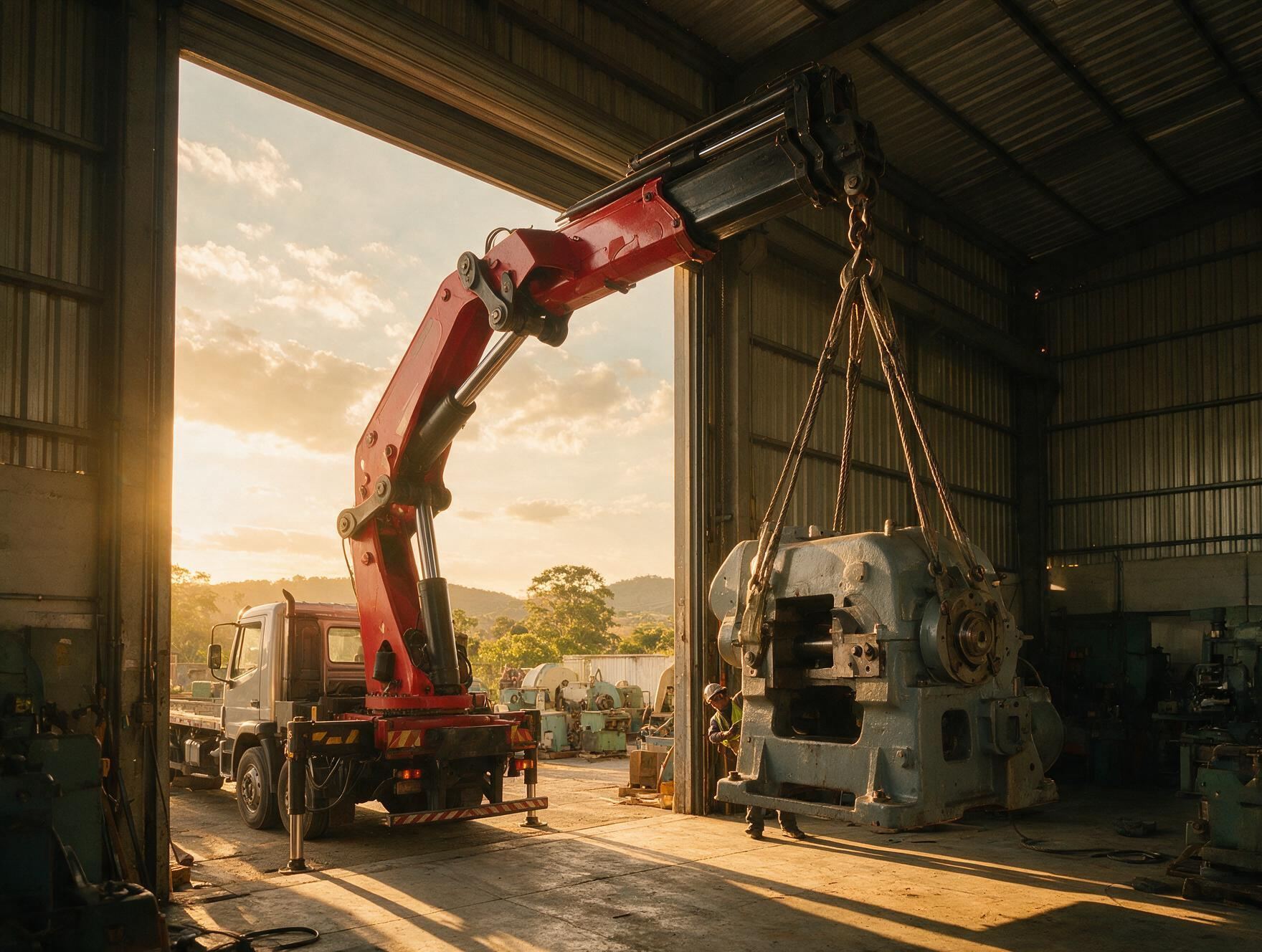 Munck retirando uma máquina industrial de dentro do galpão